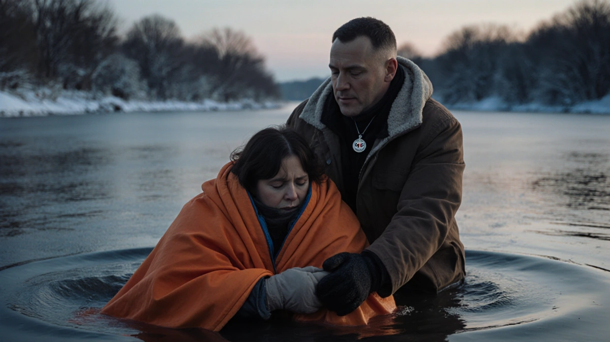 Neighbor pulling woman from icy pond with orange rescue blanket and snow-covered trees behind