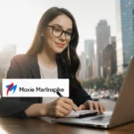 Young woman types on laptop with Moxie Marlinspike logo while holding privacy notebook with city skyline behind her