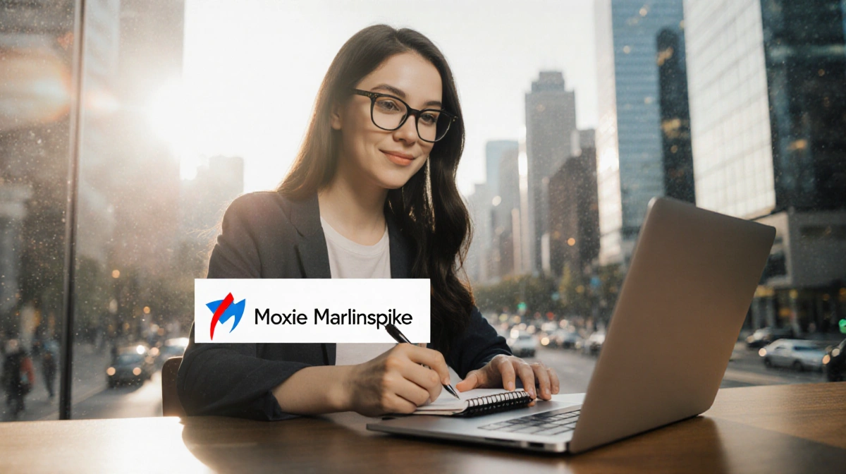 Young woman types on laptop with Moxie Marlinspike logo while holding privacy notebook with city skyline behind her