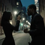 Woman Cara Williams-Reeves stands arm cocked in a alley with Tyriq Williams stepping back and Philadelphia skyline lit by str