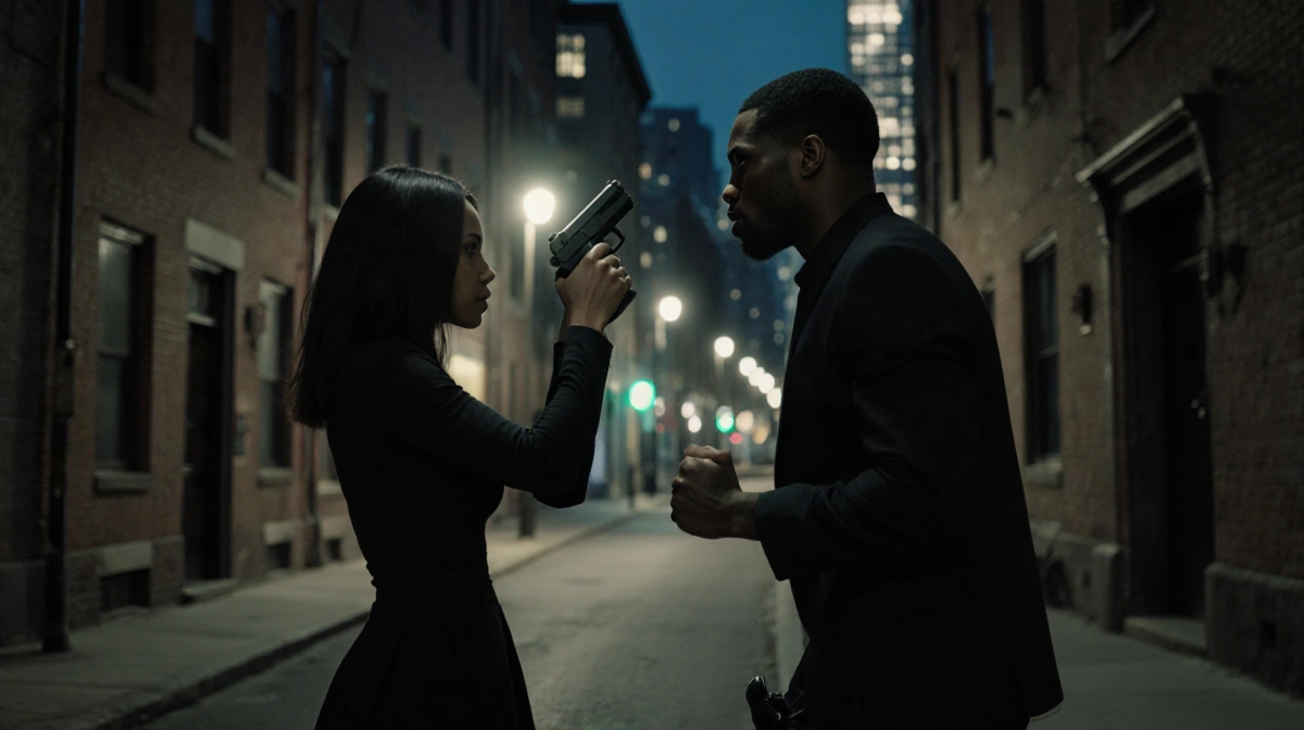 Woman Cara Williams-Reeves stands arm cocked in a alley with Tyriq Williams stepping back and Philadelphia skyline lit by str