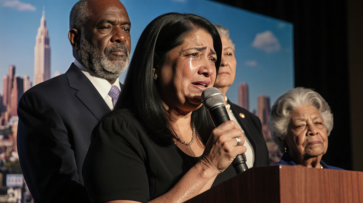 Woman speaking into microphone with tears in her eyes and stepfather and aunt beside her at a press conference