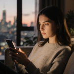 Young woman scrolling on smartphone with cozy couch and blurred dusk cityscape behind