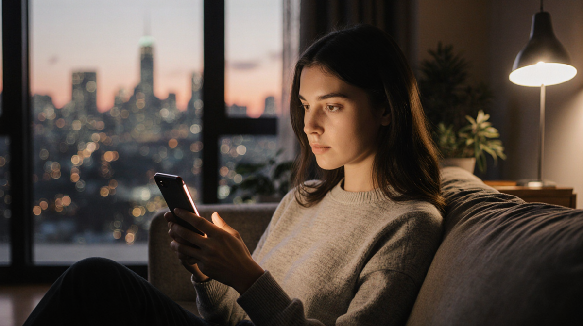 Young woman scrolling on smartphone with cozy couch and blurred dusk cityscape behind