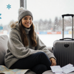 Young woman sits on couch with suitcase and travel maps and smiles in winter attire with snowflakes outside window