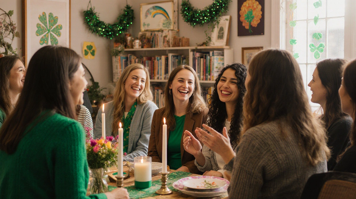 Women laughing together with flowers and candles and local artwork in a warm community space