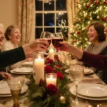Women laughing and toasting around a candlelit table with an Irish Christmas tree and floral decorations.