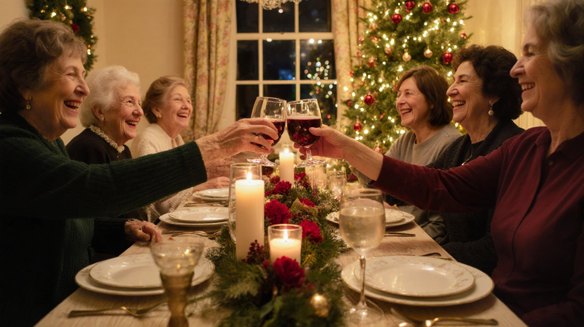 Women laughing and toasting around a candlelit table with an Irish Christmas tree and floral decorations.