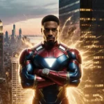 Simon Williams from Wonder Man stands confidently with arms crossed and an energy burst surrounding him over a neon-lit Manha