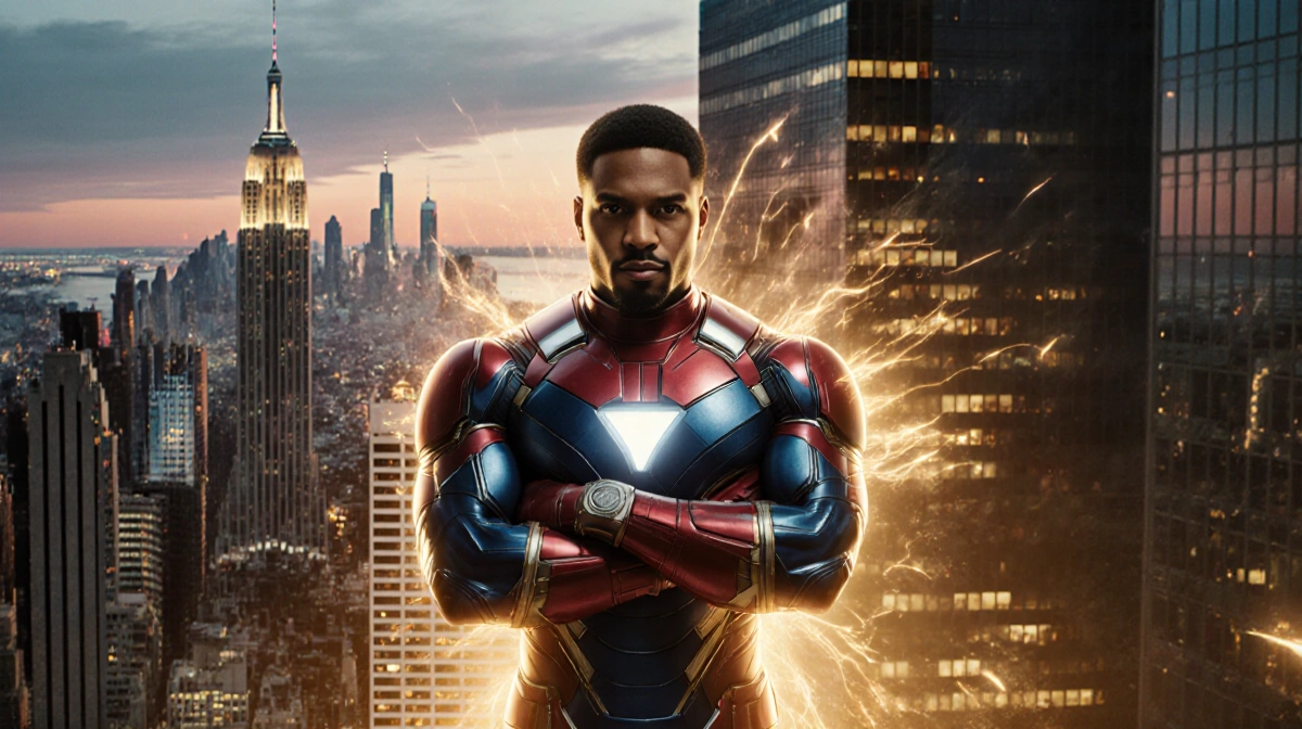 Simon Williams from Wonder Man stands confidently with arms crossed and an energy burst surrounding him over a neon-lit Manha