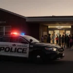 Police car with flashing lights near school entrance with parents gathered outside and children visible through windows