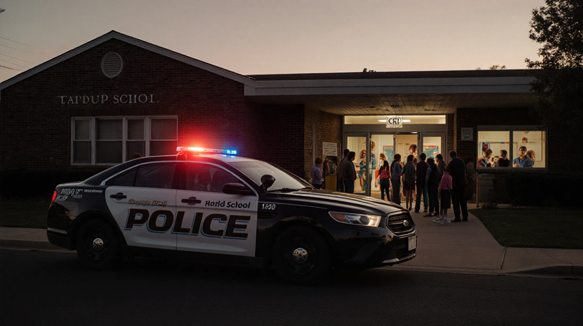 Police car with flashing lights near school entrance with parents gathered outside and children visible through windows
