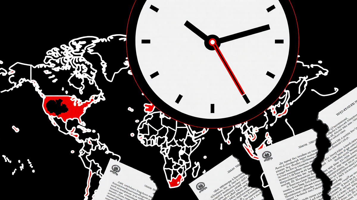 Clock hands move toward midnight over world map with red conflict lines and torn treaty fragments