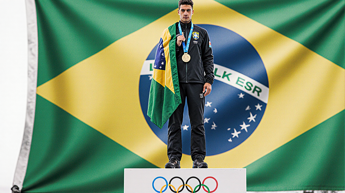 Lucas Pinheiro Braathen Cup podium holding medal with flag over shoulder and blurred Brazilian-Norwegian flag in background.