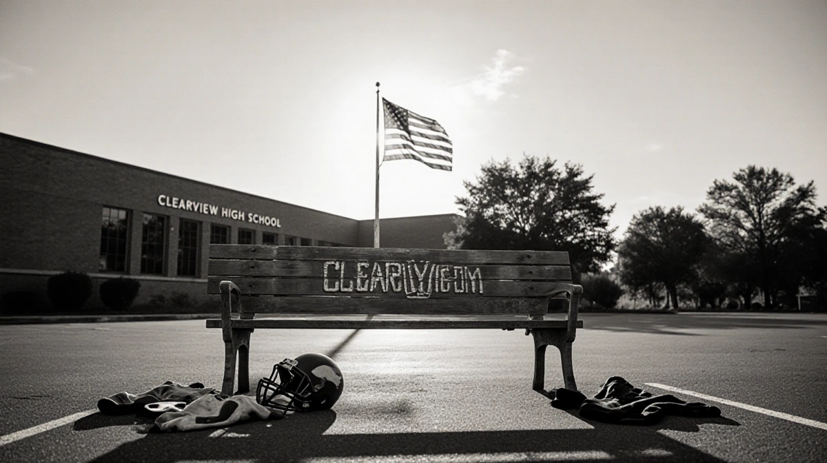 Worn wooden bench with Clearview High School logo engraved sits before faded American flag with sunlight casting long shadows