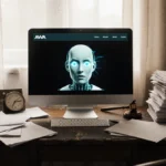 Worn wooden desk flickering with a glowing computer screen and scattered legal papers creating a chaotic atmosphere