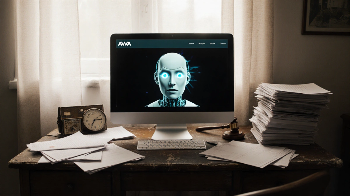 Worn wooden desk flickering with a glowing computer screen and scattered legal papers creating a chaotic atmosphere