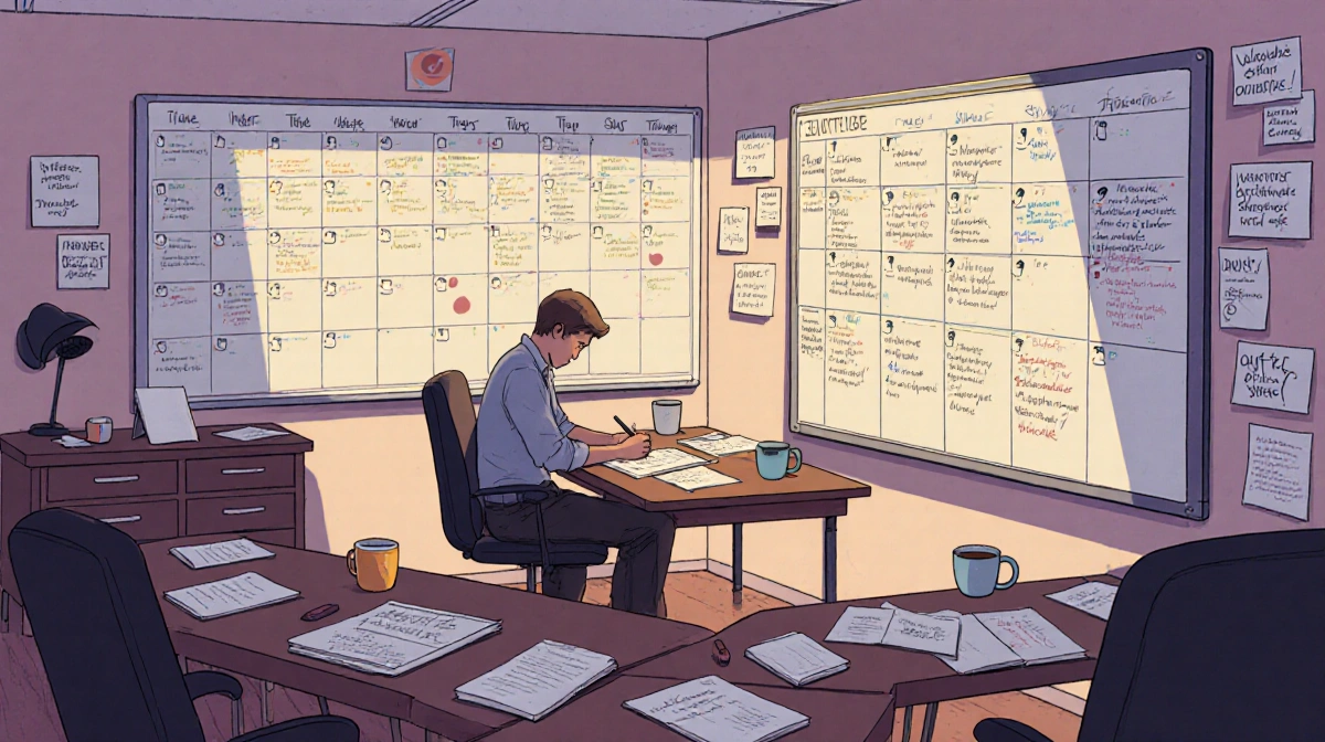 Writer working on manuscript at cluttered desk with storyboard timeline and brainstorming notes covering walls