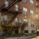 Worker in yellow hard hat leading renovation with crumbling brick and new stonework in Philadelphia.