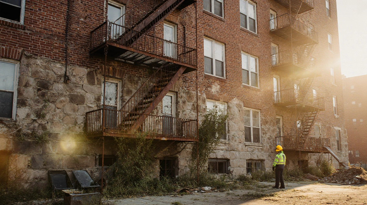 Worker in yellow hard hat leading renovation with crumbling brick and new stonework in Philadelphia.
