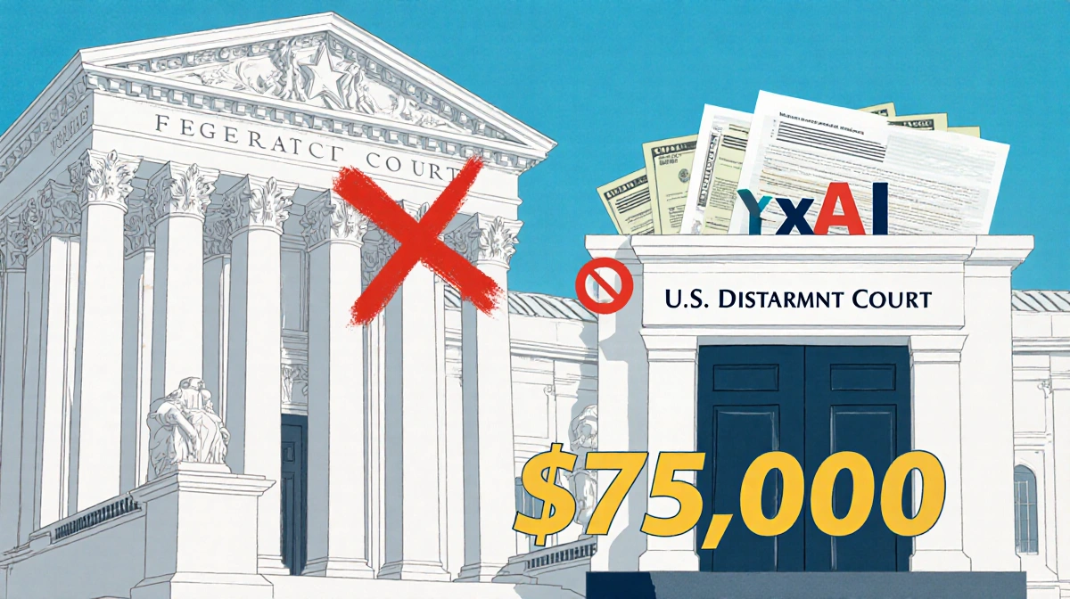 Federal courthouse showing xAI entrance marked with red X and US District Court entrance with legal documents and 75000 dolla