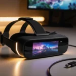 Xreal 1S AR glasses sit on a sleek desk with warm golden LED glow and a vibrant 1200p display and gaming console background