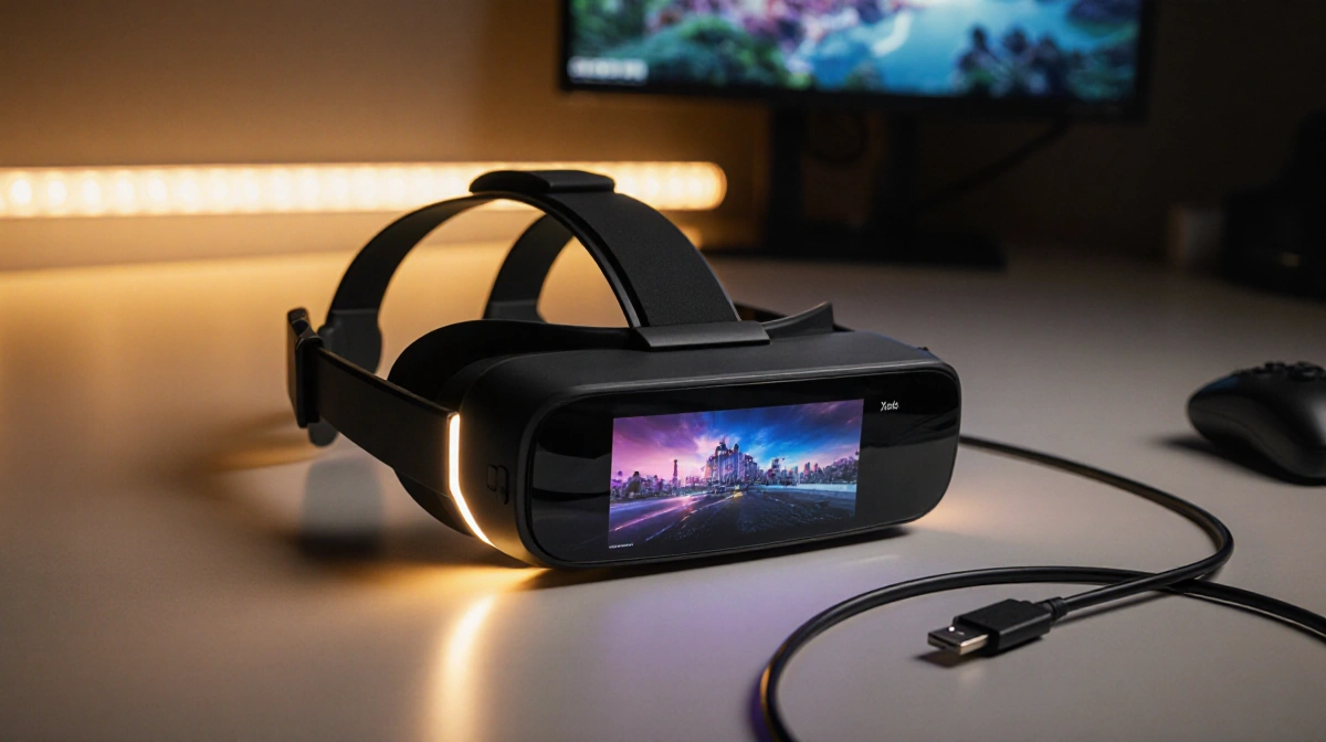 Xreal 1S AR glasses sit on a sleek desk with warm golden LED glow and a vibrant 1200p display and gaming console background