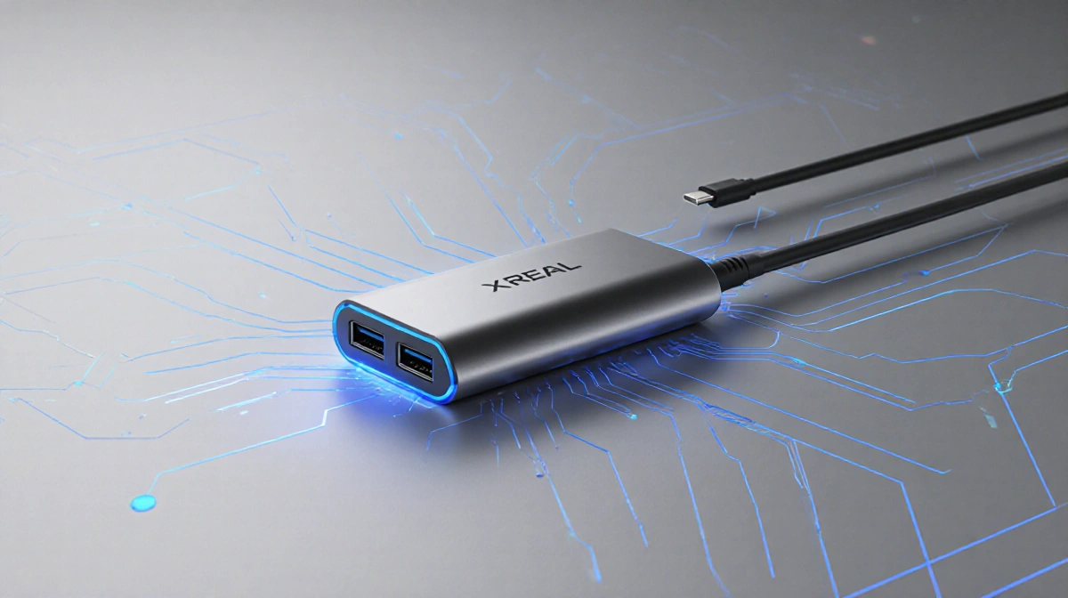 Xreal Neo hub displays its 10000-mAh battery with glowing blue DisplayPort adapter lines and tech wires in a gray background