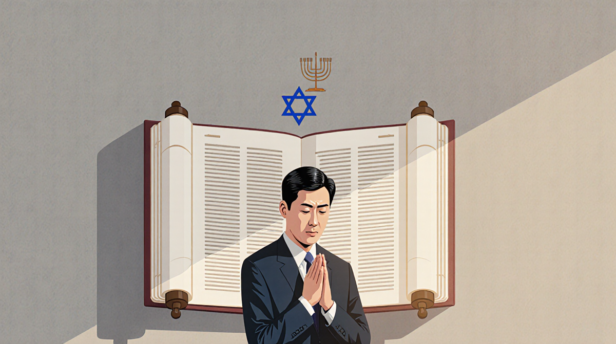 Ye standing before a large open book with clasped hands and eyes down with a gray background of remorse and menorah symbol