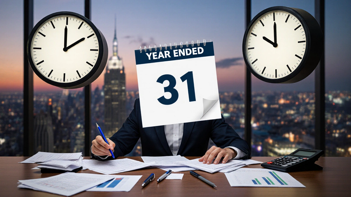 Executive reviewing financial reports with giant December 31st calendar and oversized clocks striking midnight showing year e