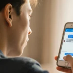 Young adult holding older smartphone with ChatGPT window showing age prediction and surprised expression