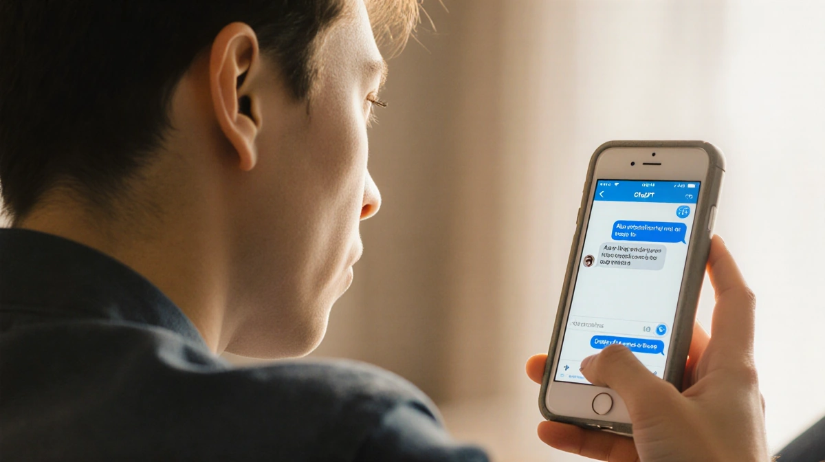 Young adult holding older smartphone with ChatGPT window showing age prediction and surprised expression