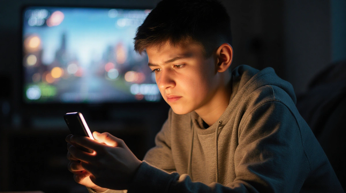 Worried kid buying loot boxes with smartphone showing in-app purchase screen and dark city behind