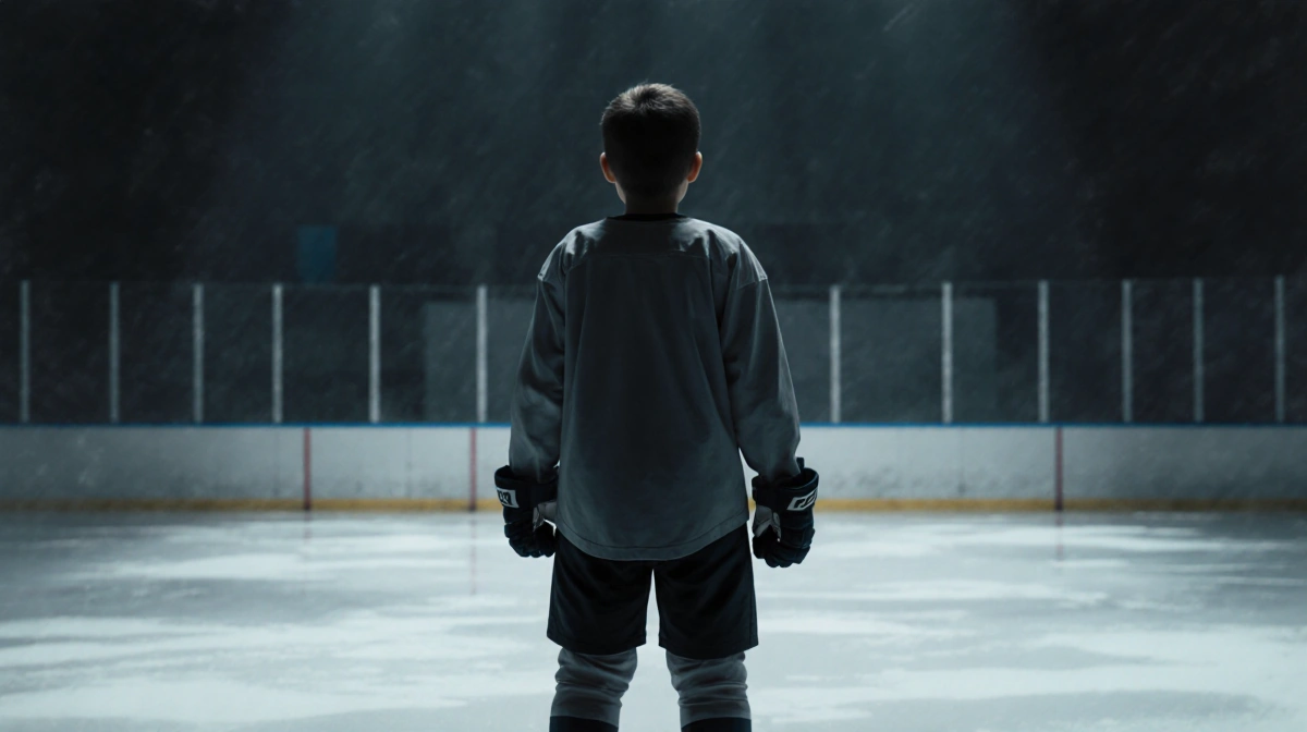 Young hockey player stands alone at dim rink with clenched fist and furrowed brow showing anxiety