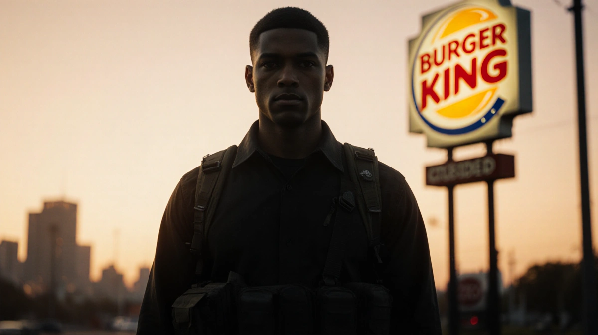 Young man standing before dim Burger King sign with dusk glow and tactical gear