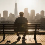 Young man sits on bench with abandoned phone beside him and Philadelphia skyline behind showing relief and exhaustion