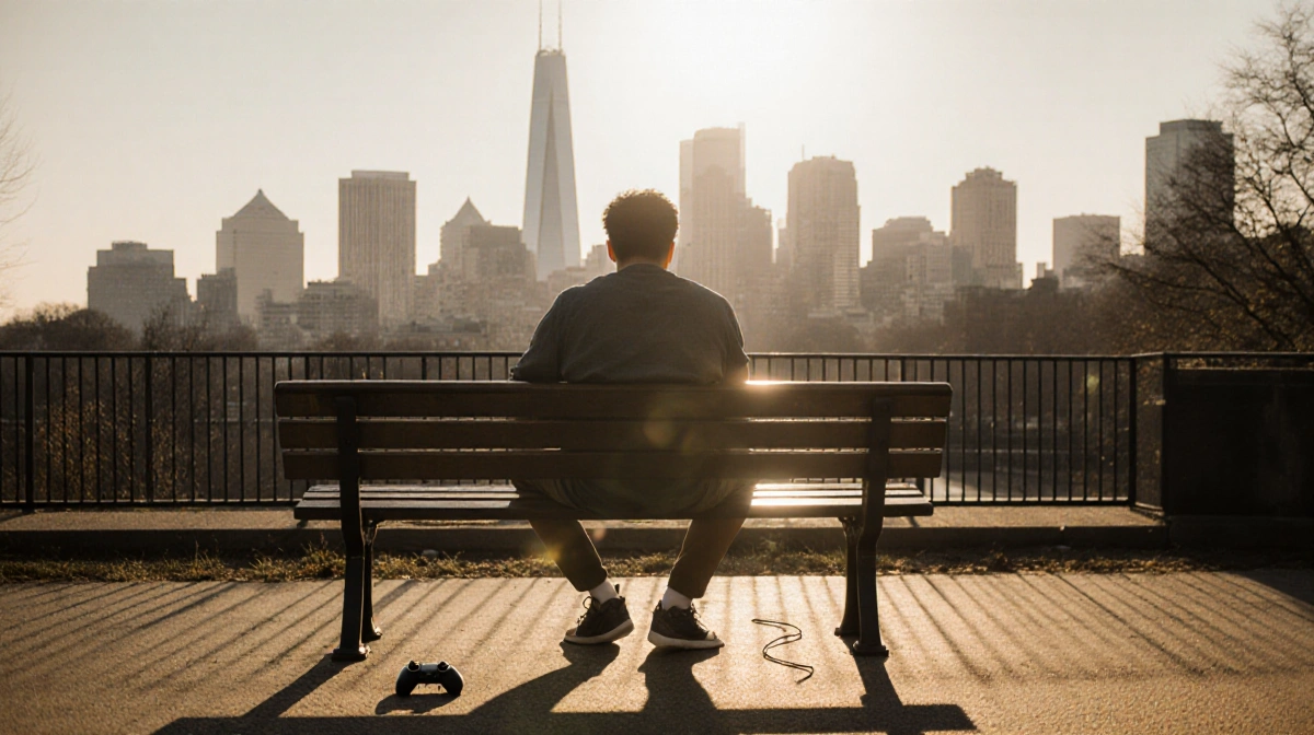 Young man sits on bench with abandoned phone beside him and Philadelphia skyline behind showing relief and exhaustion