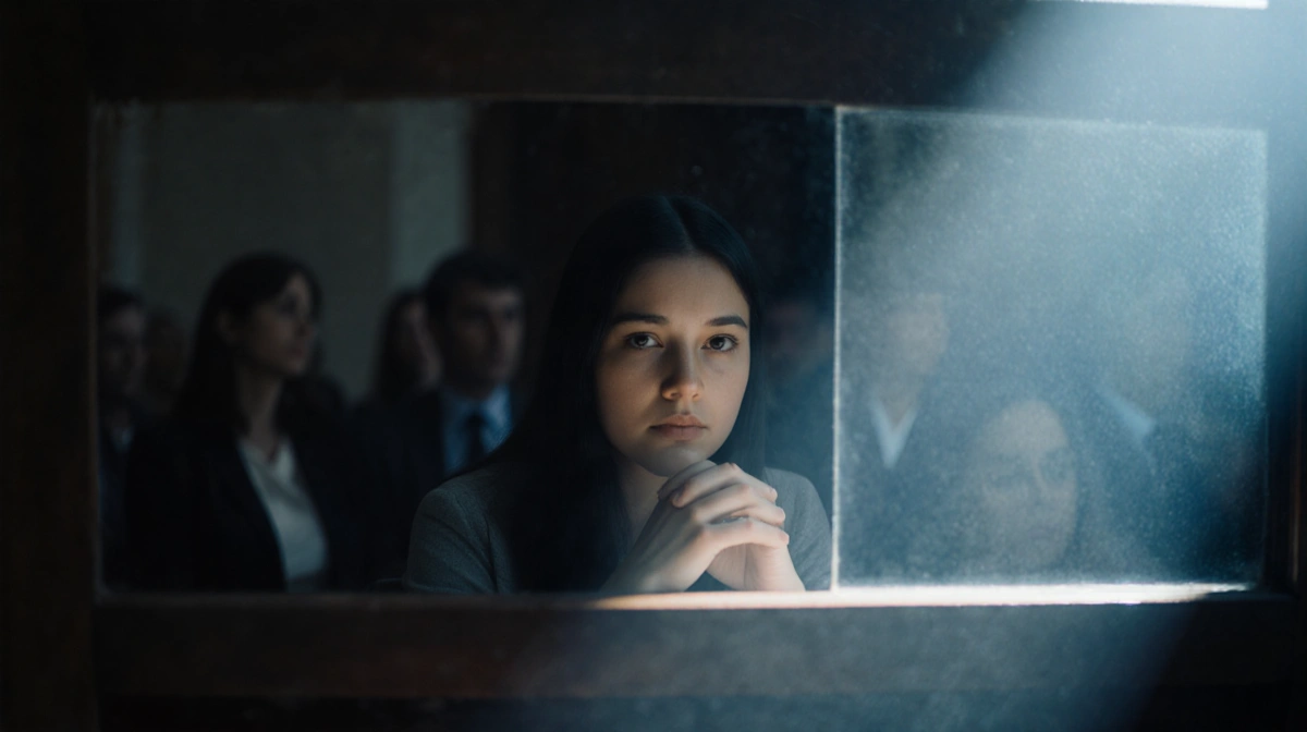 Young woman sits in courtroom with hands clasped showing determination while jury watches