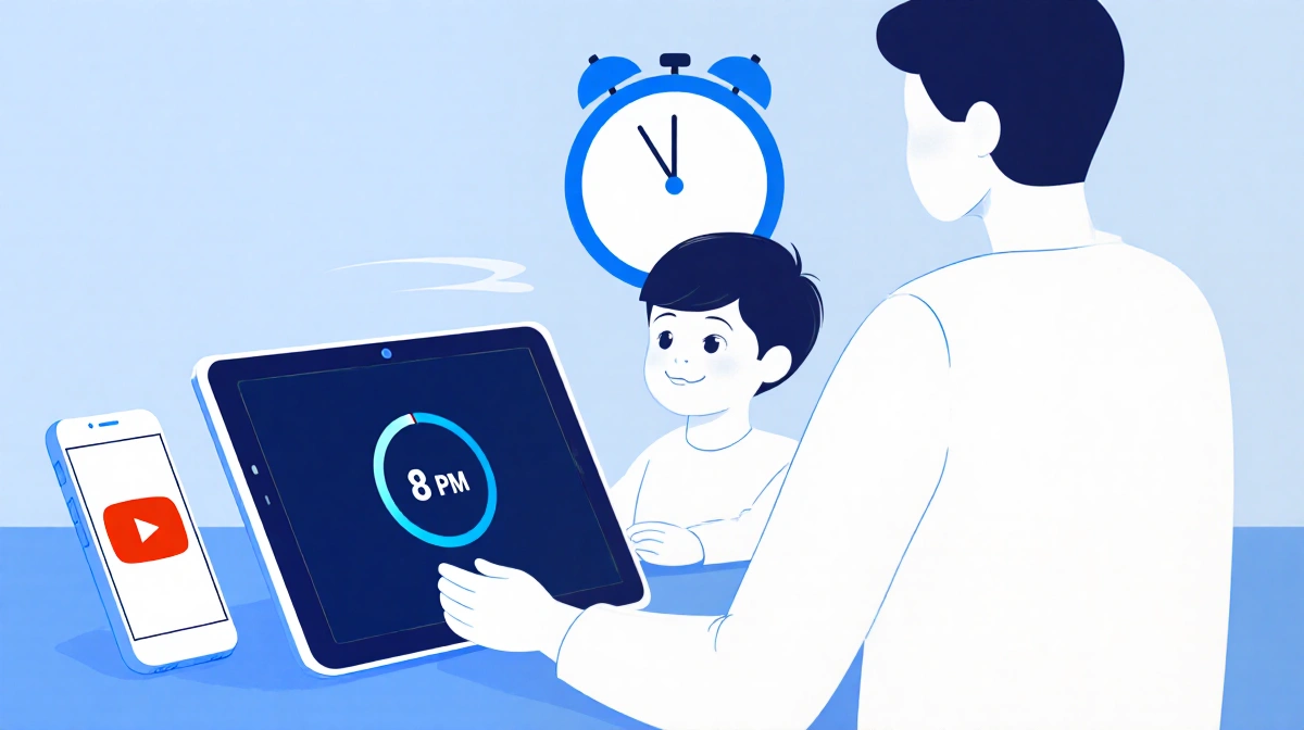 Parent sits with child near dimmed tablet showing YouTube bedtime reminder with muted audio