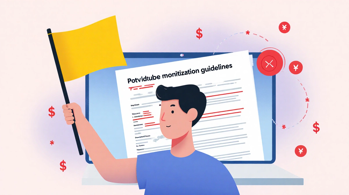 Person holding muted yellow flag near head with blurred YouTube guidelines and red dollar signs in background