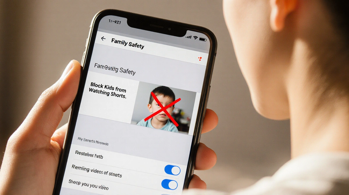 Parent setting up YouTube parental controls on phone with child blocked from Shorts and red X overlay