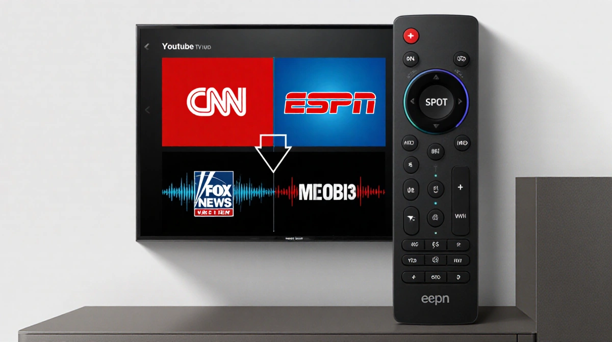 YouTube TV remote highlights down arrow with CNN ESPN and Fox News showing multiview audio waves