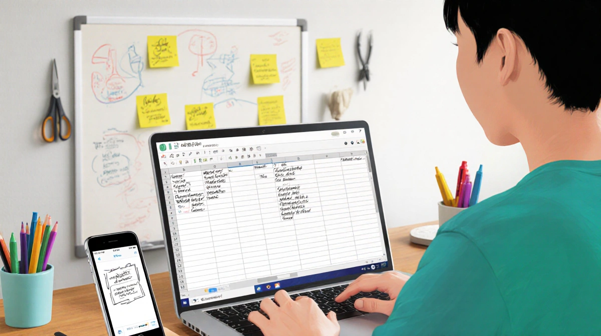 Yu designing mobile app with laptop and smartphone showing wireframes near sticky notes