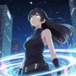 Yuka Tsuguri standing confidently with swirling Simurian energy and futuristic cityscape gazing up at stars