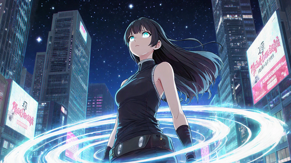 Yuka Tsuguri standing confidently with swirling Simurian energy and futuristic cityscape gazing up at stars