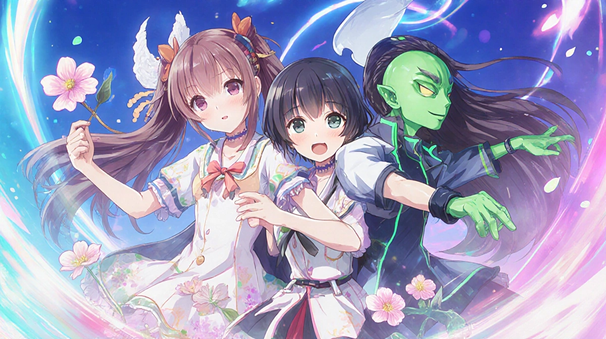 Yuka channels gentle essence with pastel flowers while Maru glows neon and the third character joins the dynamic trio.