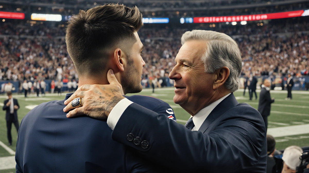 Zac Efron standing with Robert Kraft at Gillette Stadium with Patriots ring visible and cheering fans behind
