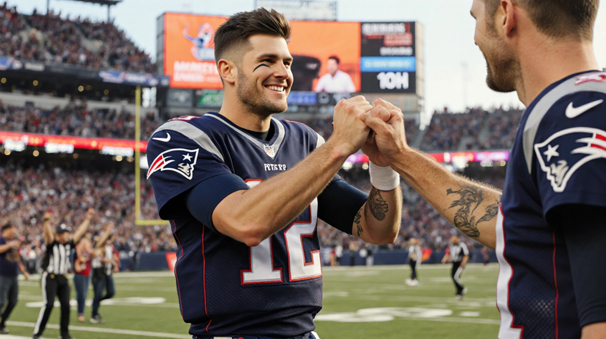 Zac Efron high-fiving Tom Brady at Patriots game with fans cheering and scoreboard glowing behind