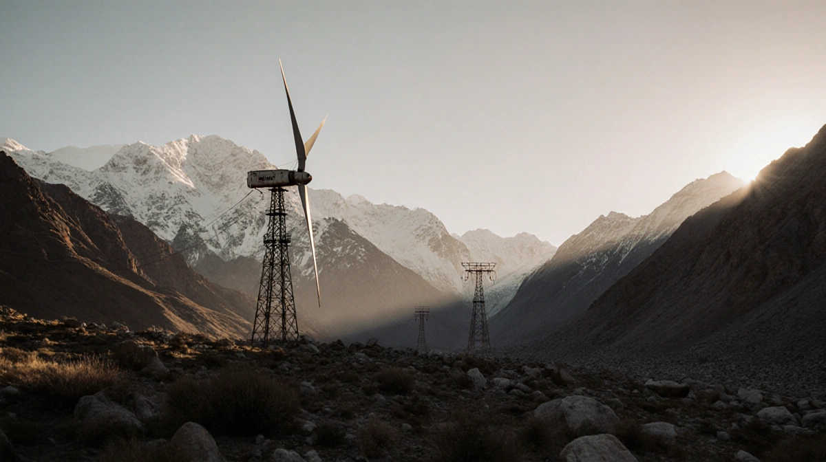 Snow-capped Zanskar mountains glow at dawn with geothermal towers rising from valley and wind turbine standing tall