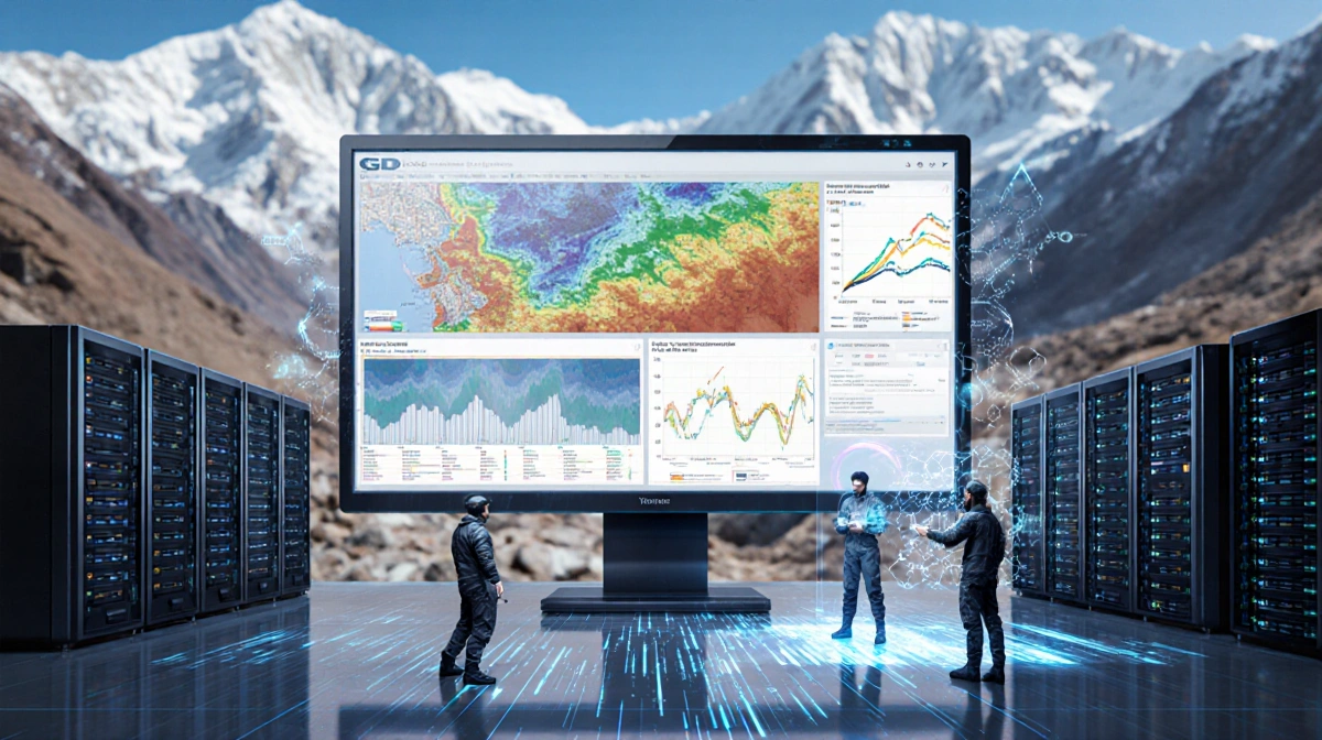 Geologists analyze geospatial data on holographic displays with Himalayan peaks and server banks behind